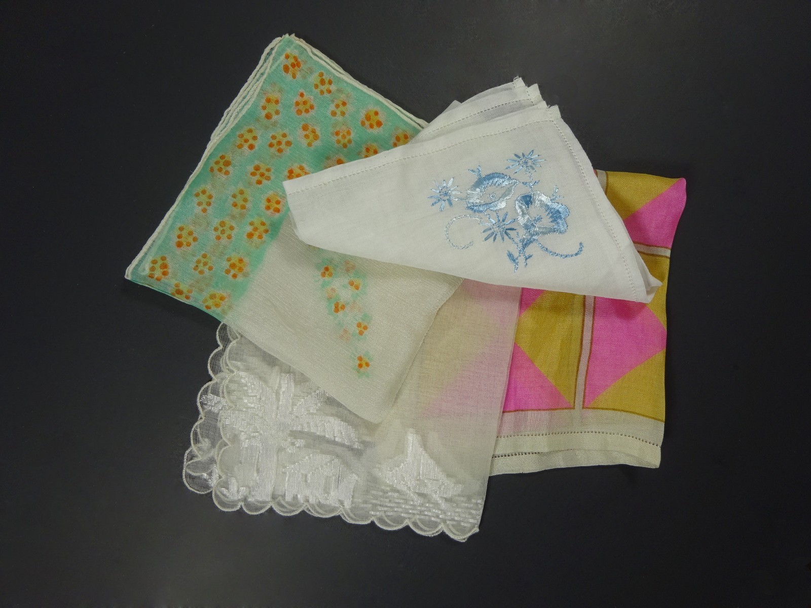 SALE Group of 4 Vintage Silk, Cotton, & Linen Small Handkerchiefs