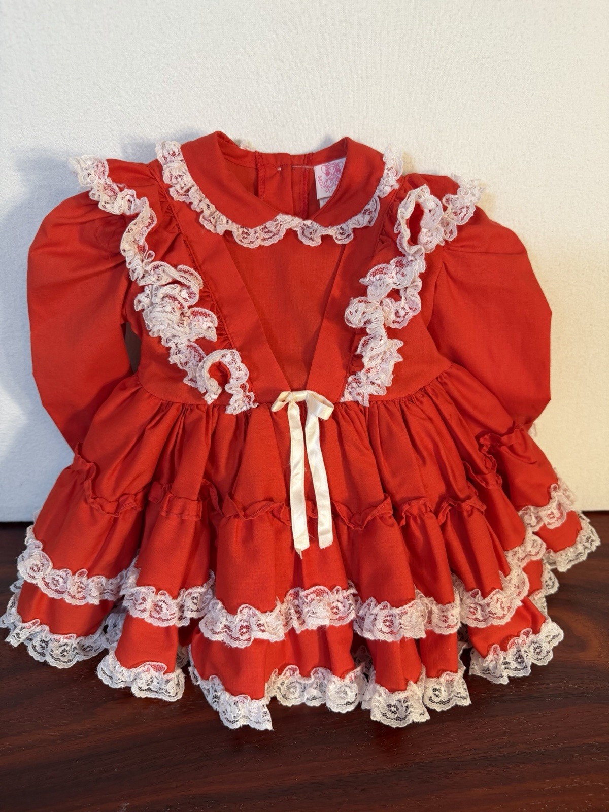 Vintage 1980Miss Quality Girls Red Party Dress White Lace Ruffle Pageant Size 2T