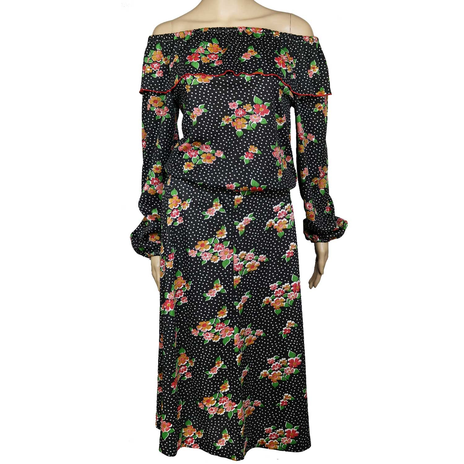 1970s Vintage Skirt Off Shoulder Top Set/Dress Boho Black White Dot Floral 10 M