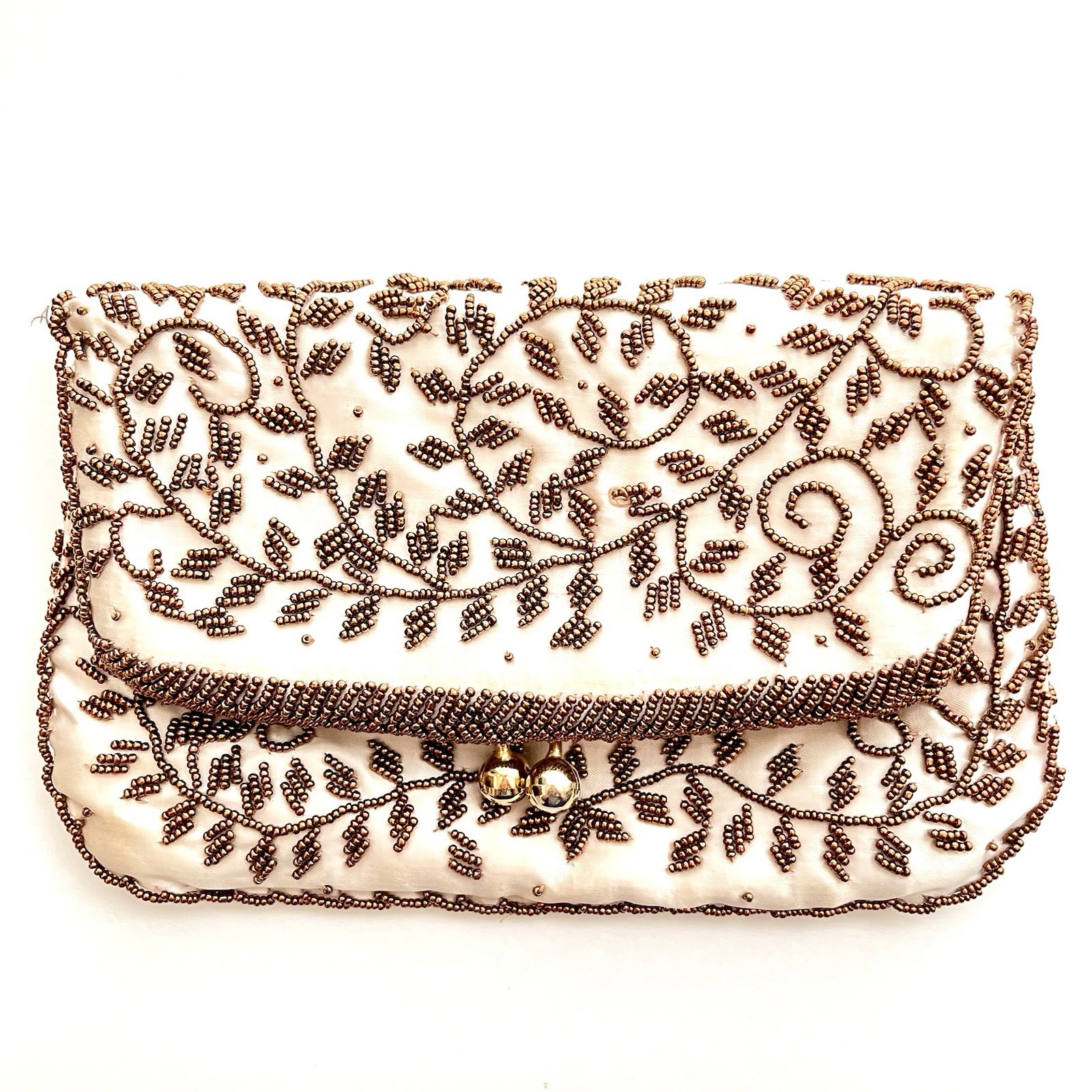 Vtg Hand Beaded Folding Clutch Purse Kiss lock Gold Satin Copper Vines Hong Kong