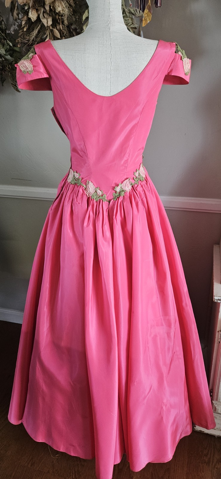 Vintage 1950s Custom Made Ballgown With Floral Accents And Open Shoulders…