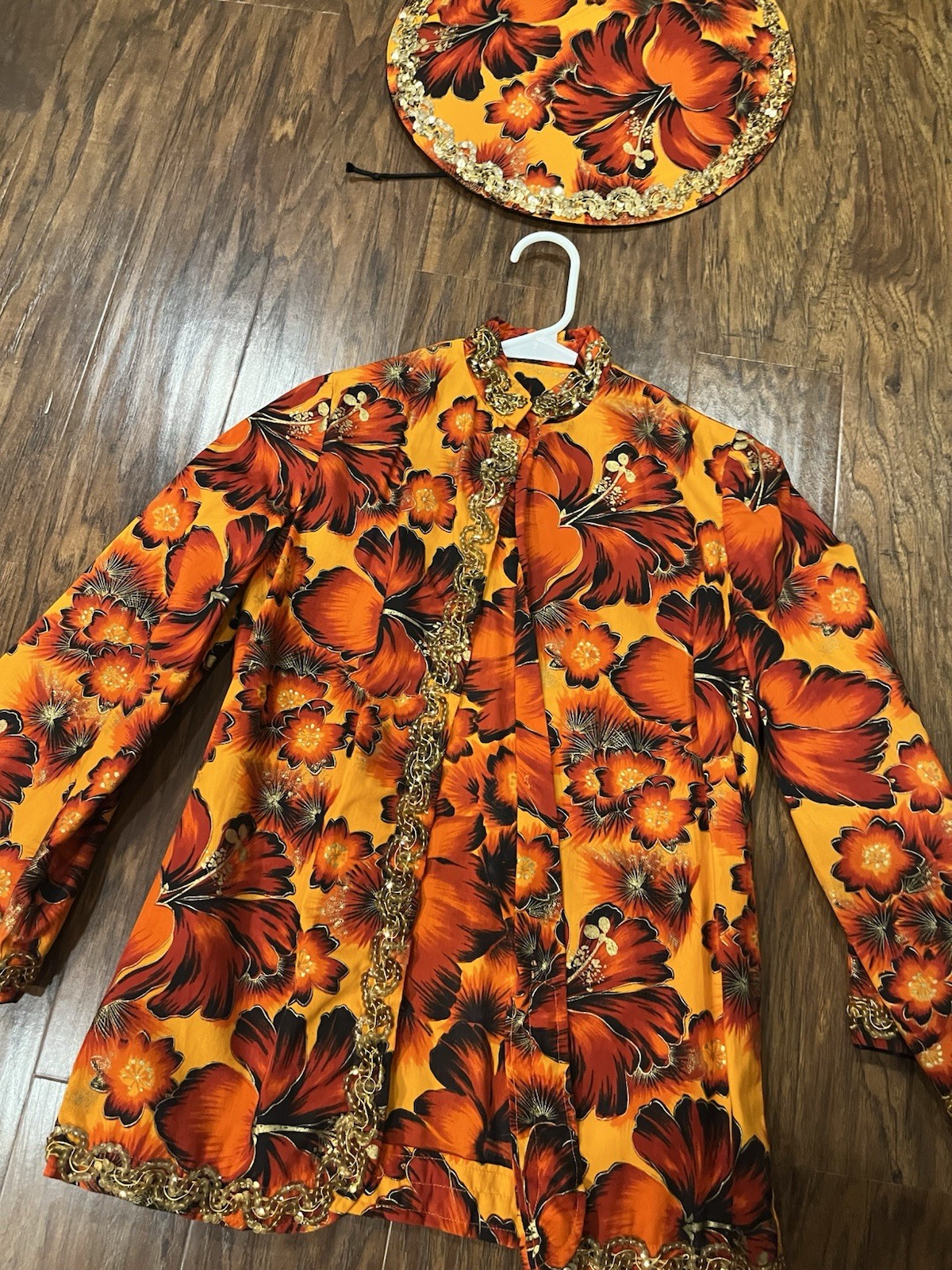 Vintage 60s 70s Floral Sequin Hostess Set w Hat XS Petite 15” Chest 25” L Tiki