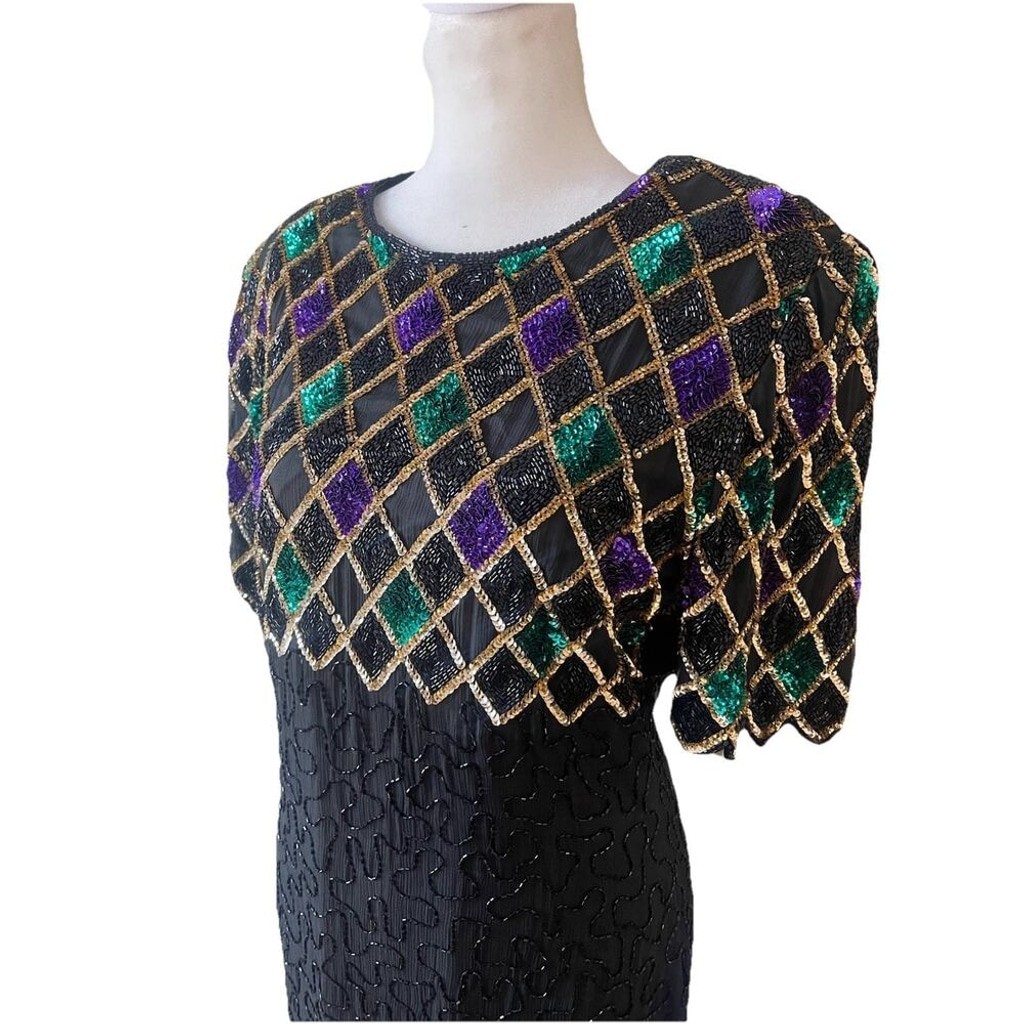 Vtg 80s Laurence Kazar Colored Checkerboard Beaded Sequin 100% Silk Gown PL