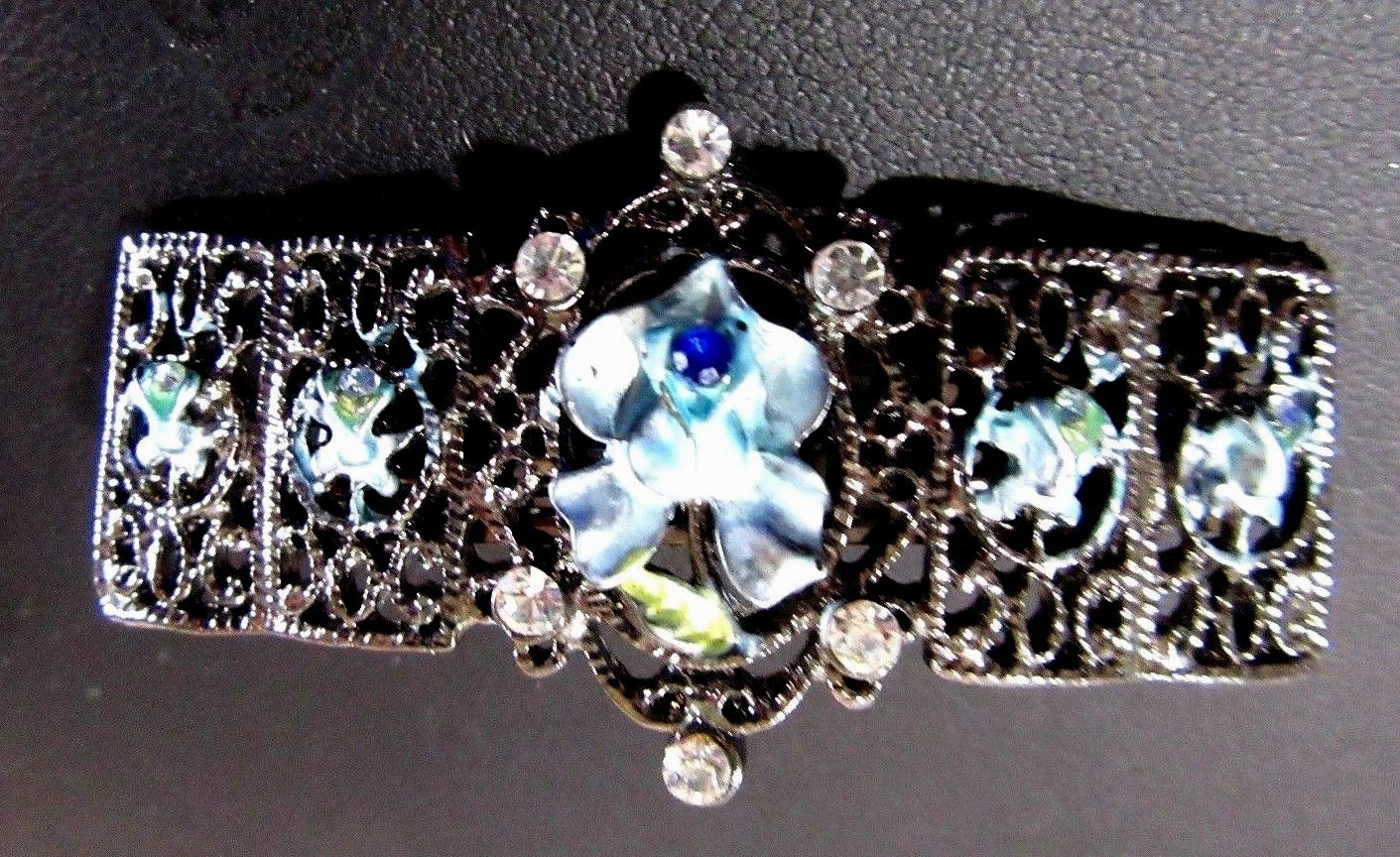 Hair Barrette Clip Dark Silver Metal with Blue Enamel Flowers Rhinestone Vintage