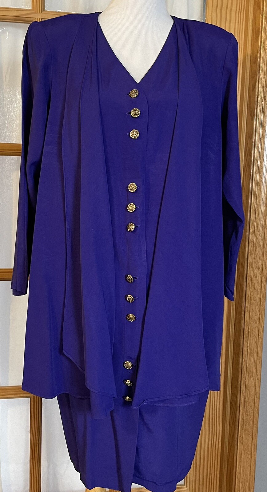 80s Luci Pellini Built-in Jacket Dress Sz 14 Purplish Blue Button Up USA Formal