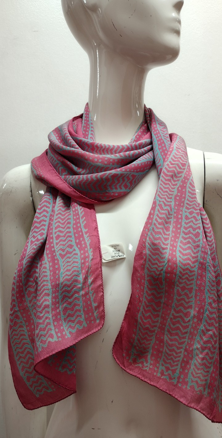 Vintage Pure Silk Rose PINK Long Scarf TRIBAL ZIG ZAG MADE IN INDIA 90s Zashi
