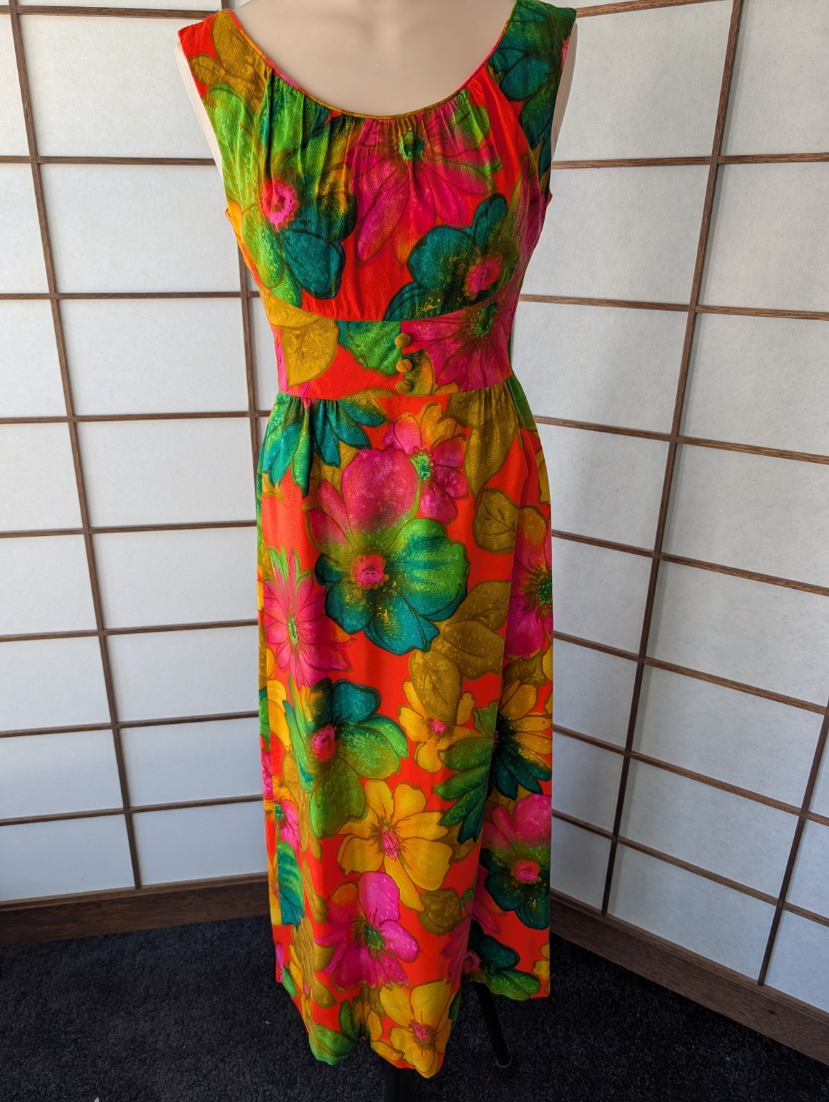 Vtg McInerny By Sydney Hawaiian Dress MuuMuu Maxi Midi Barkcloth Sz XS Day Glo