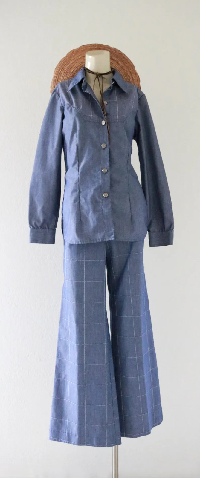 1970s Vintage Top Pants Set Womens Blue Grid Print Long Sleeve Bell Bottom Disco