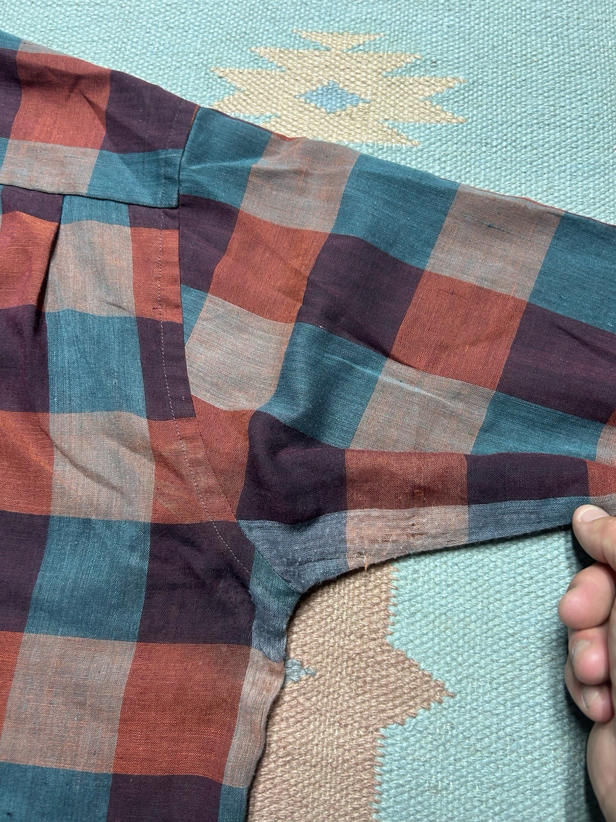 Vintage 60s long sleeve button shirt loop collar plaid poly cotton distressed XL