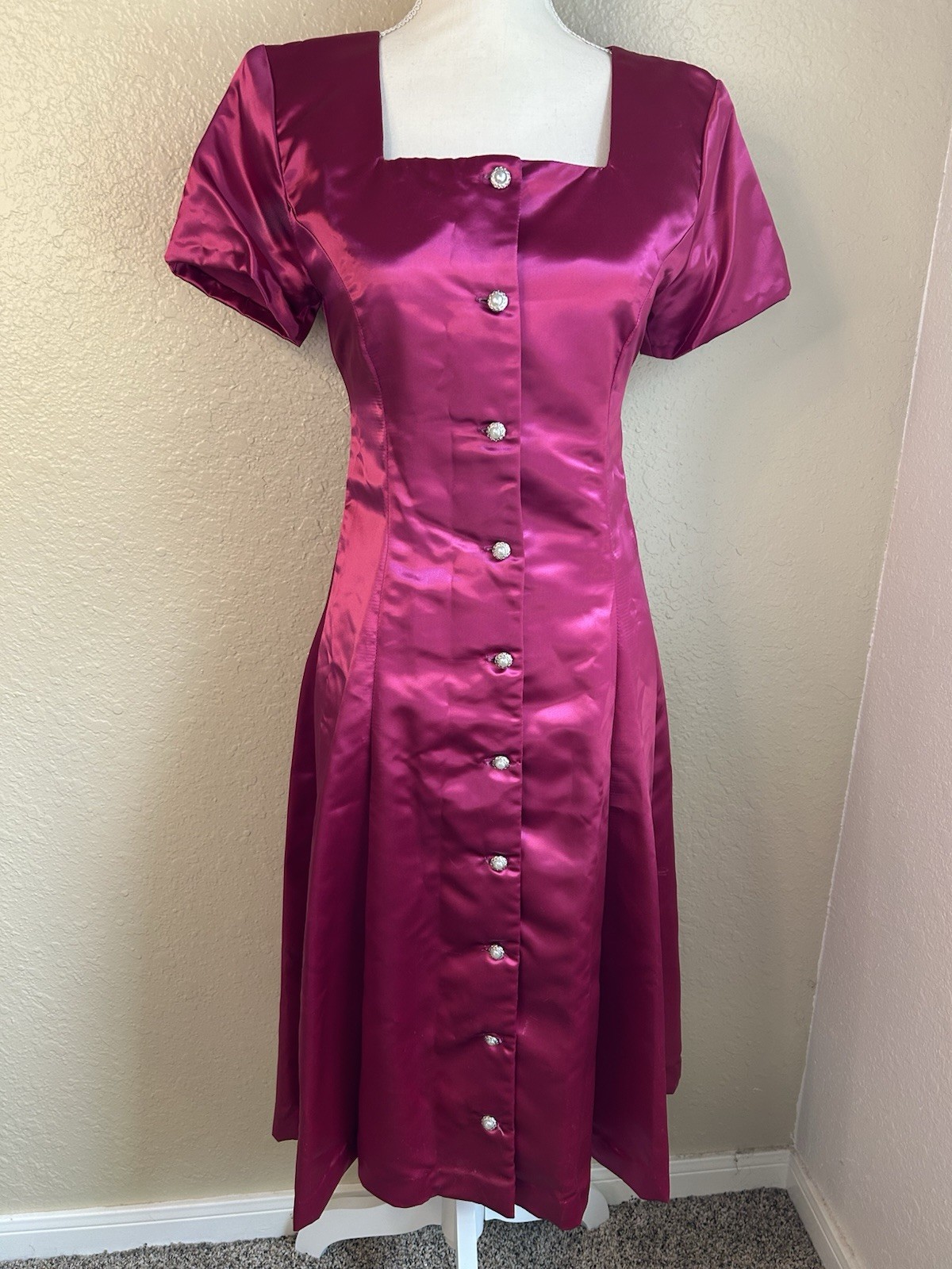 Vintage Handmade Fuschia Satin 1960s Midi Dress With Adjustable Bow Tie Cinch