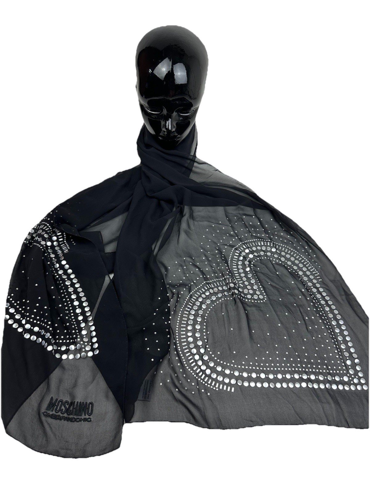 Moschino Cheap & Chic Black Silk Scarf With Studded Hearts