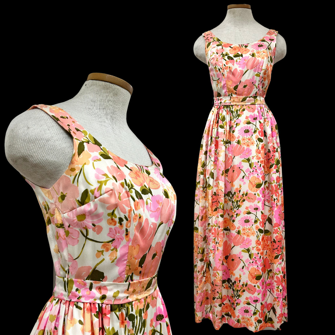 Vintage 1960s Bonwit Teller Silk Pink Floral Maxi Dress with Matching Belt