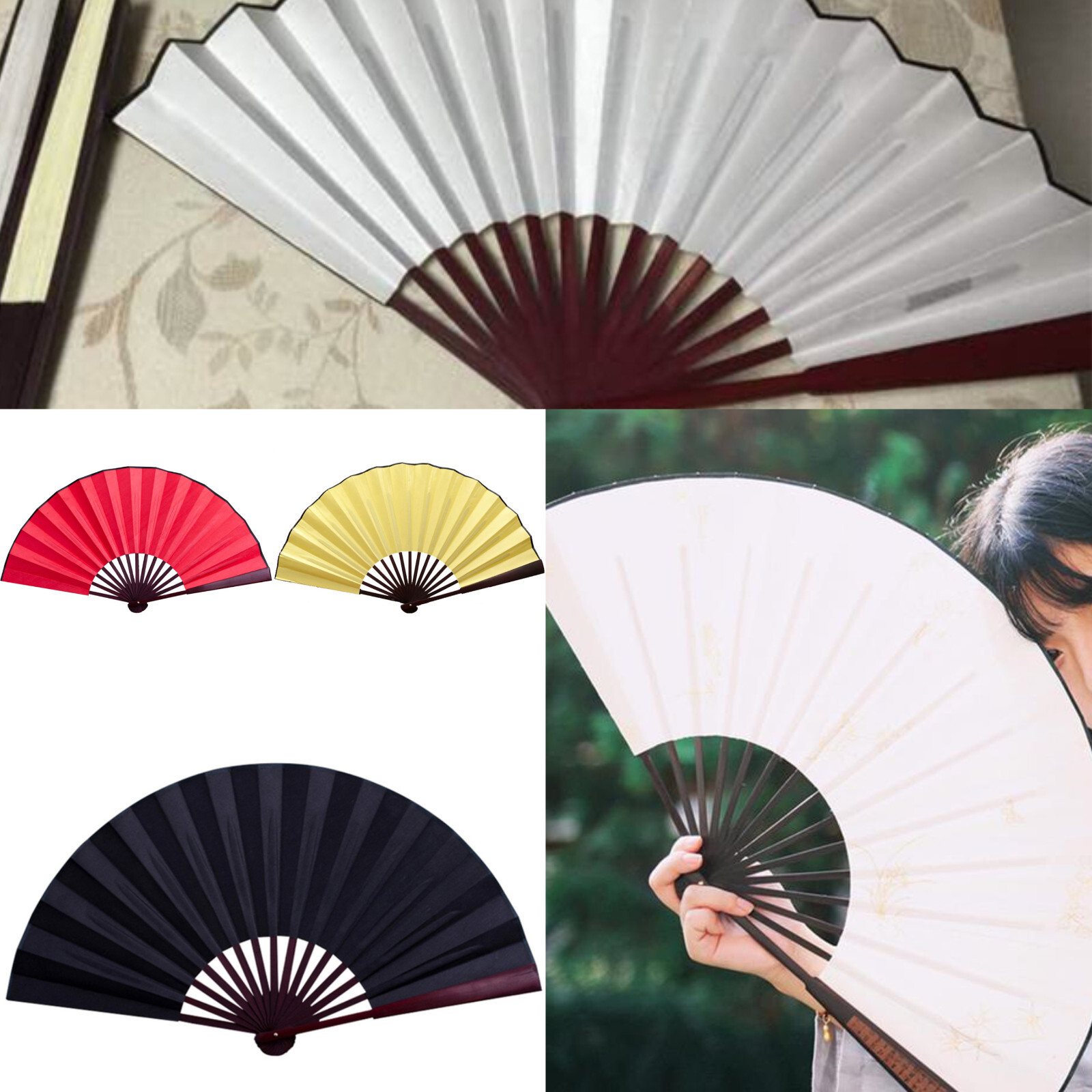 10/13in Folding Hand Fan Chinese Silk Cloth Handheld Wooden Bamboo Antique