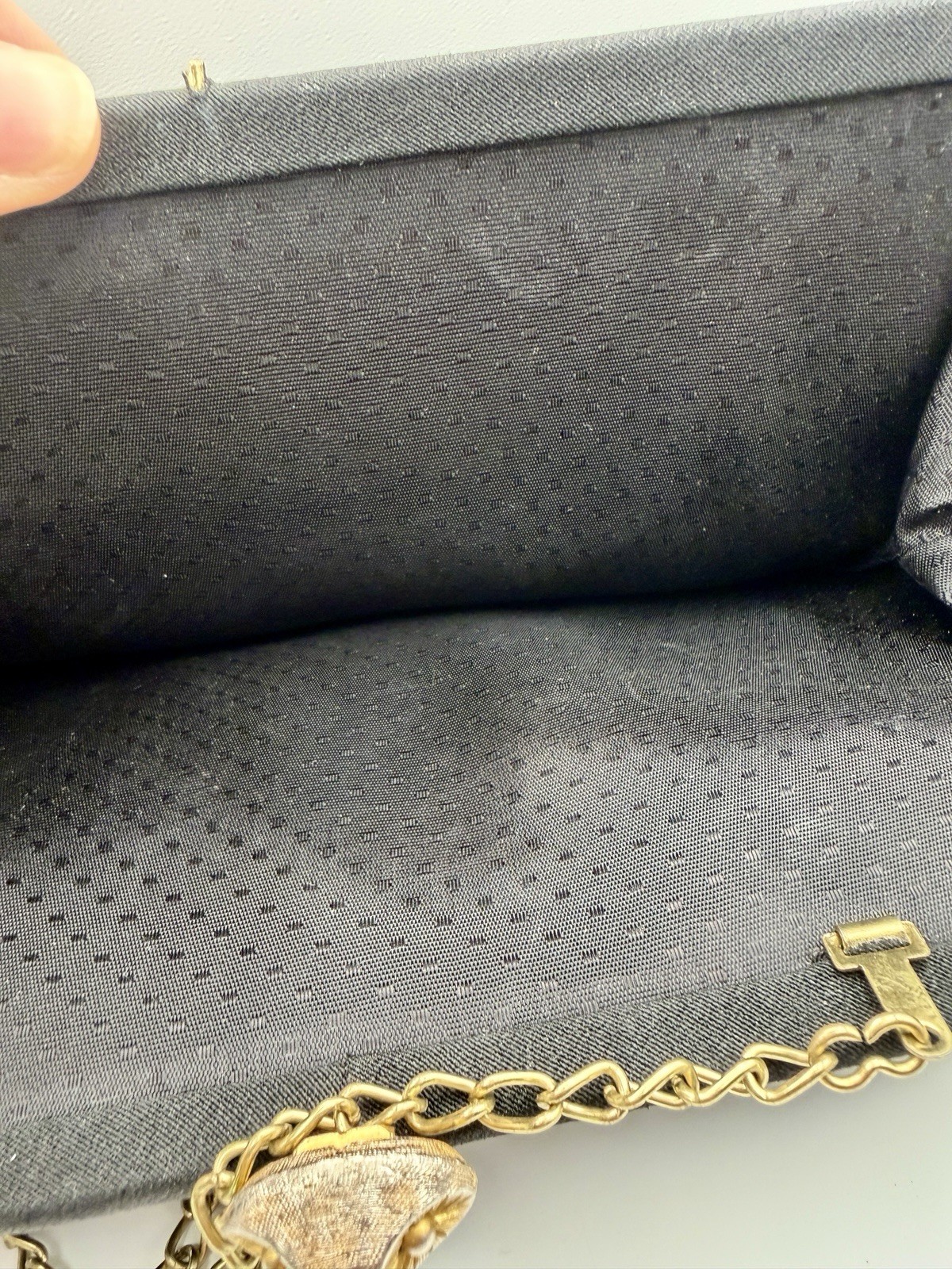 Vintage MCM Black Fabric Clutch Purse Evening Bag Gold Chain Owl Clasp Starburst