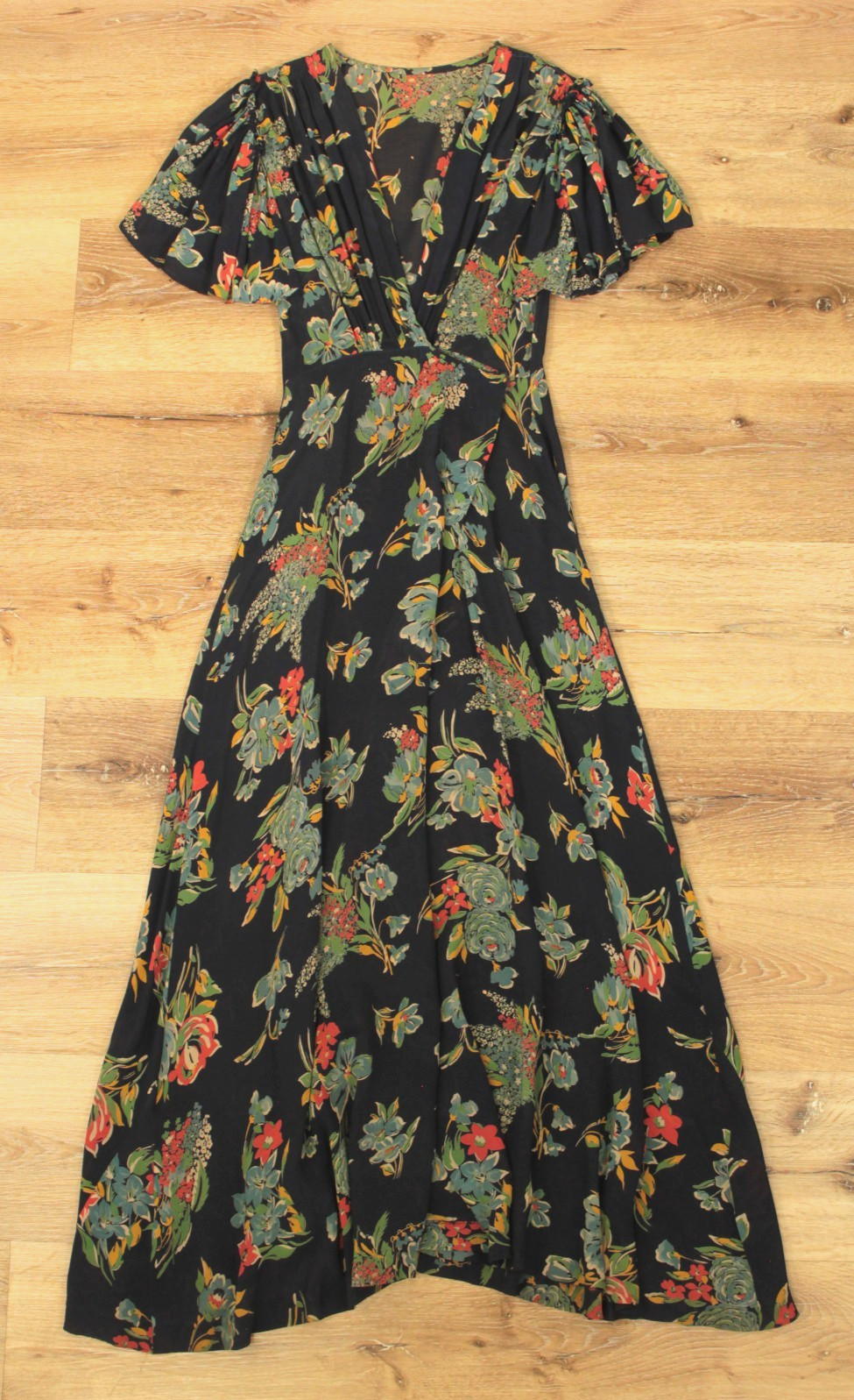 VTG Women’s 30s 40s Navy Floral Drape Front Sheer Maxi Dress / Robe XS/S 1930s