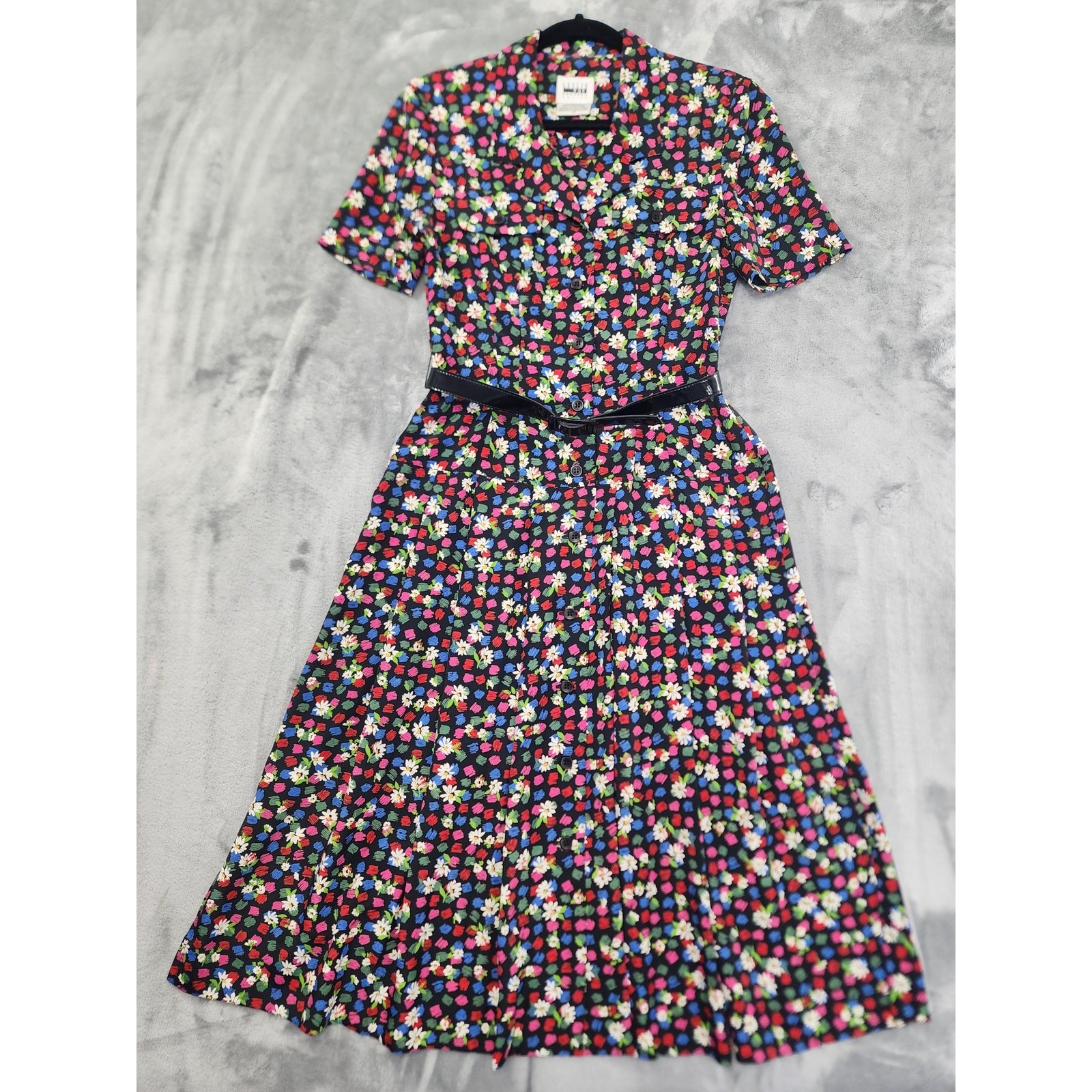 Vintage 80s Leslie Fay Floral Belted Drop Waist Shirt Dress Size 6P Black Office