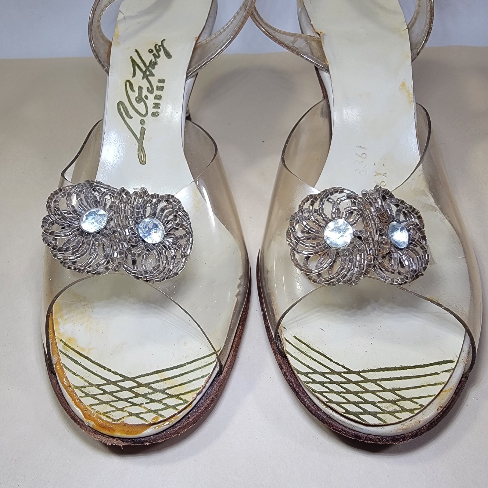 Vtg 1950s Carved Lucite & Rhinestone Heels on Clear Lloyd/Haig Shoes Sandals Sz6