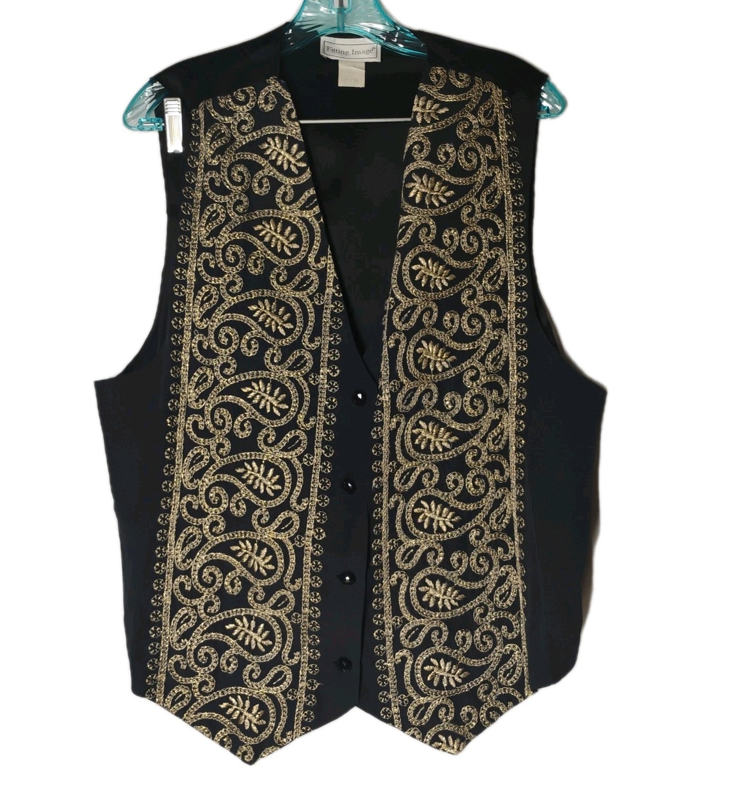 Vintage Fitting Image Womens 14/16 Black Gold Embroidered Dressy Vest Boho Artsy