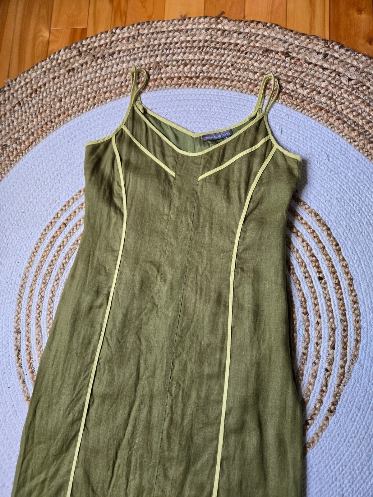 Vintage 90s Linen Blend Olive Green Mini Dress Minimalist Panel Contrast Trim