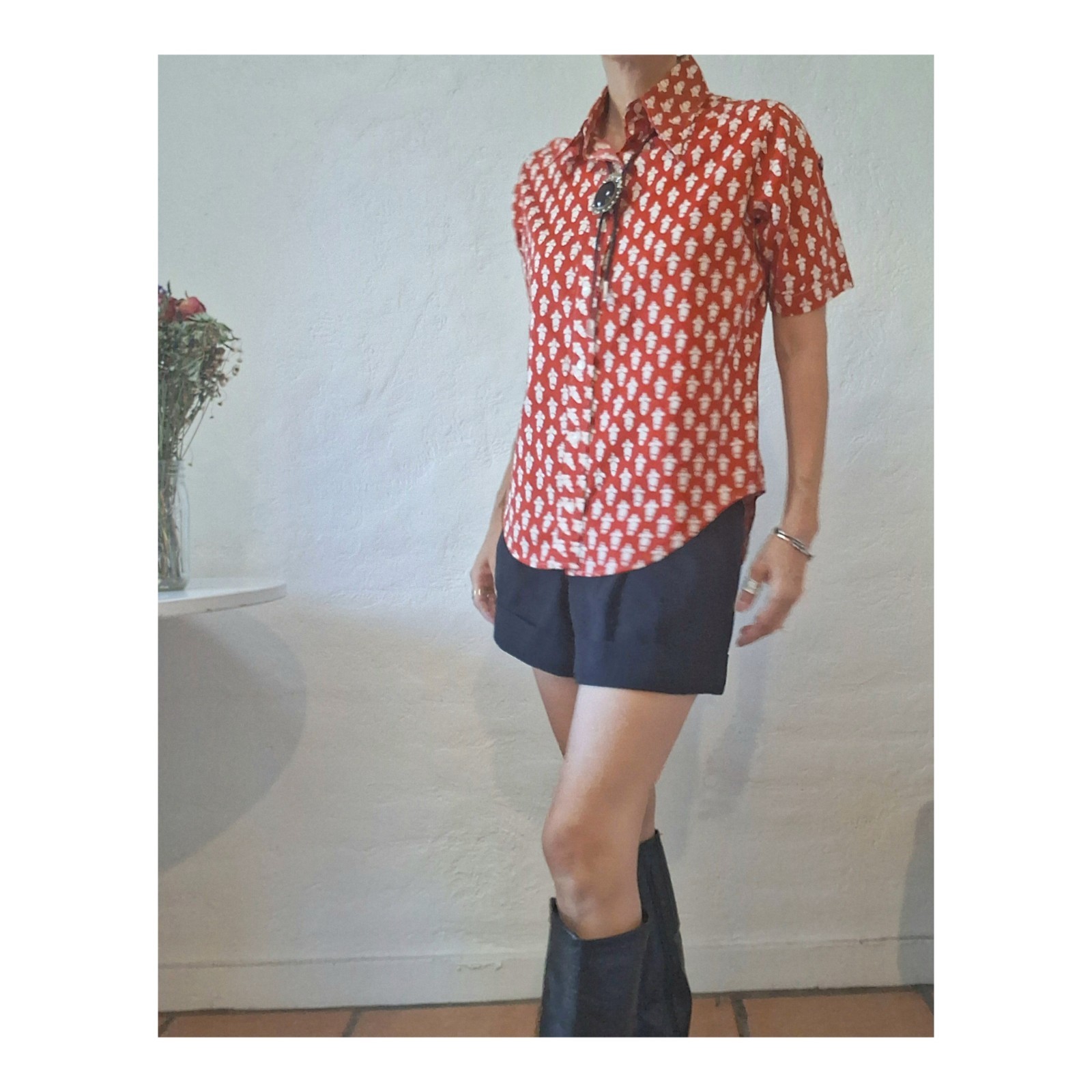 VTG 1950s JCPenney Copper Bronze Button Up Blouse Camp Collar Mid Century Mod