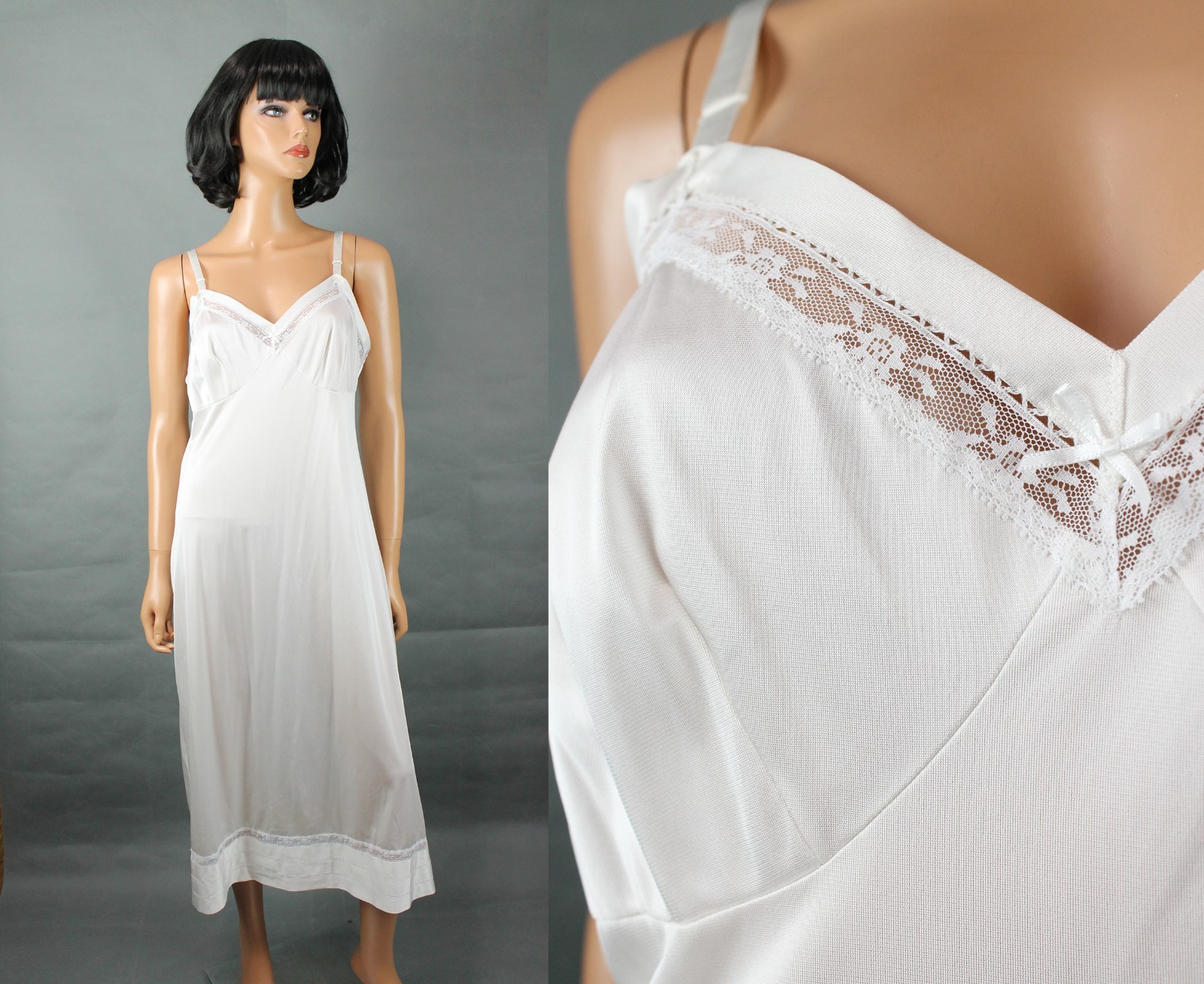Lorraine Full Slip 38 Vintage Long White Lace Trim Tiered Snip It Hem Dress Slip