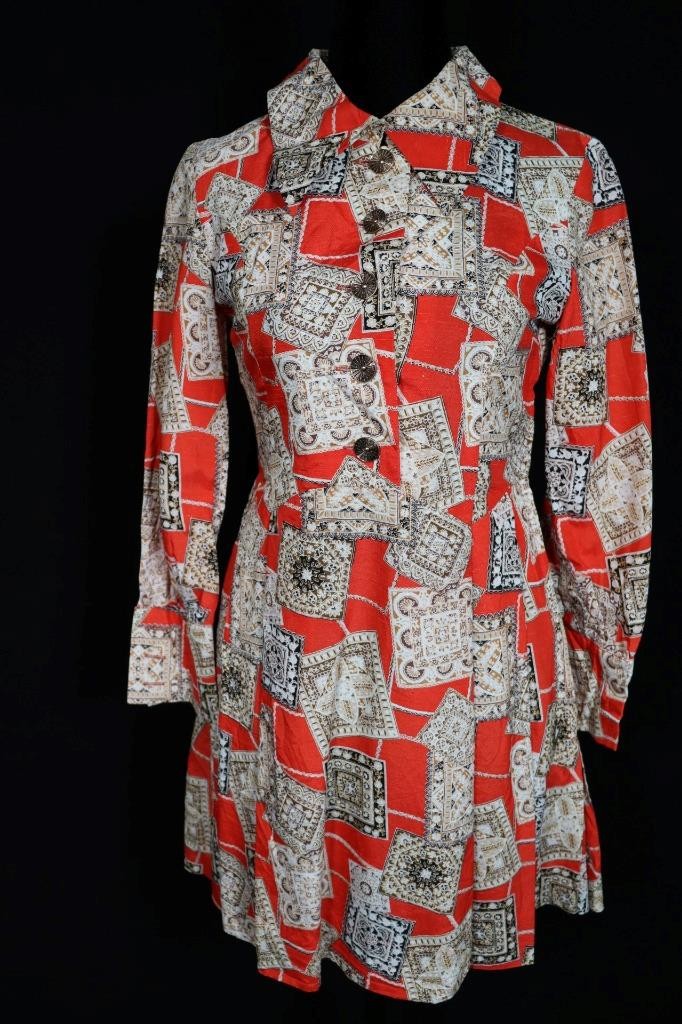 Vintage 1960’s-1970’s French Orange Rayon Geo Print Mini Dress Size 4