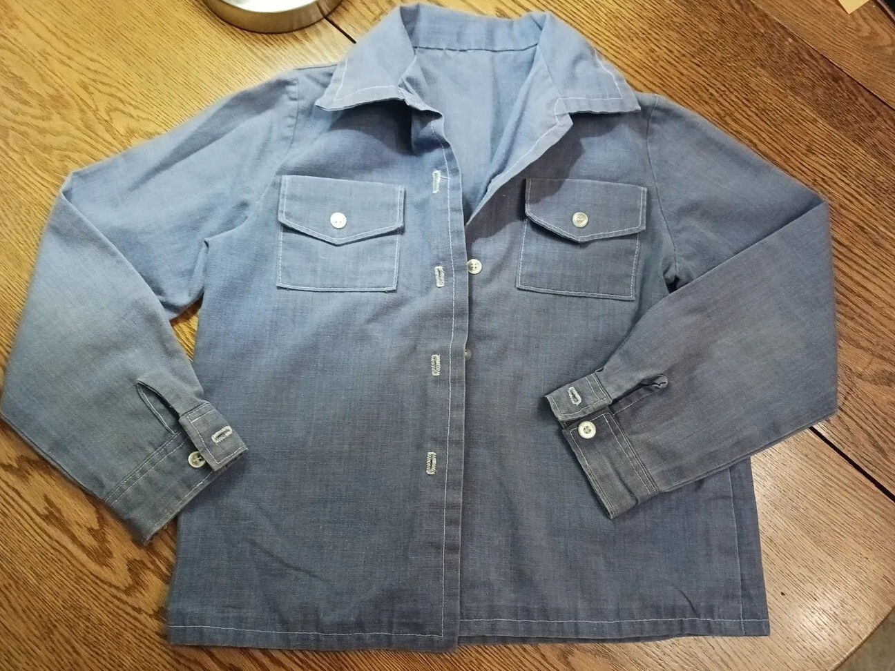 Vintage Lt Denim Child Shirt. Size? 12″ Across Shoulder, 16″ Sleeves. Handmade.