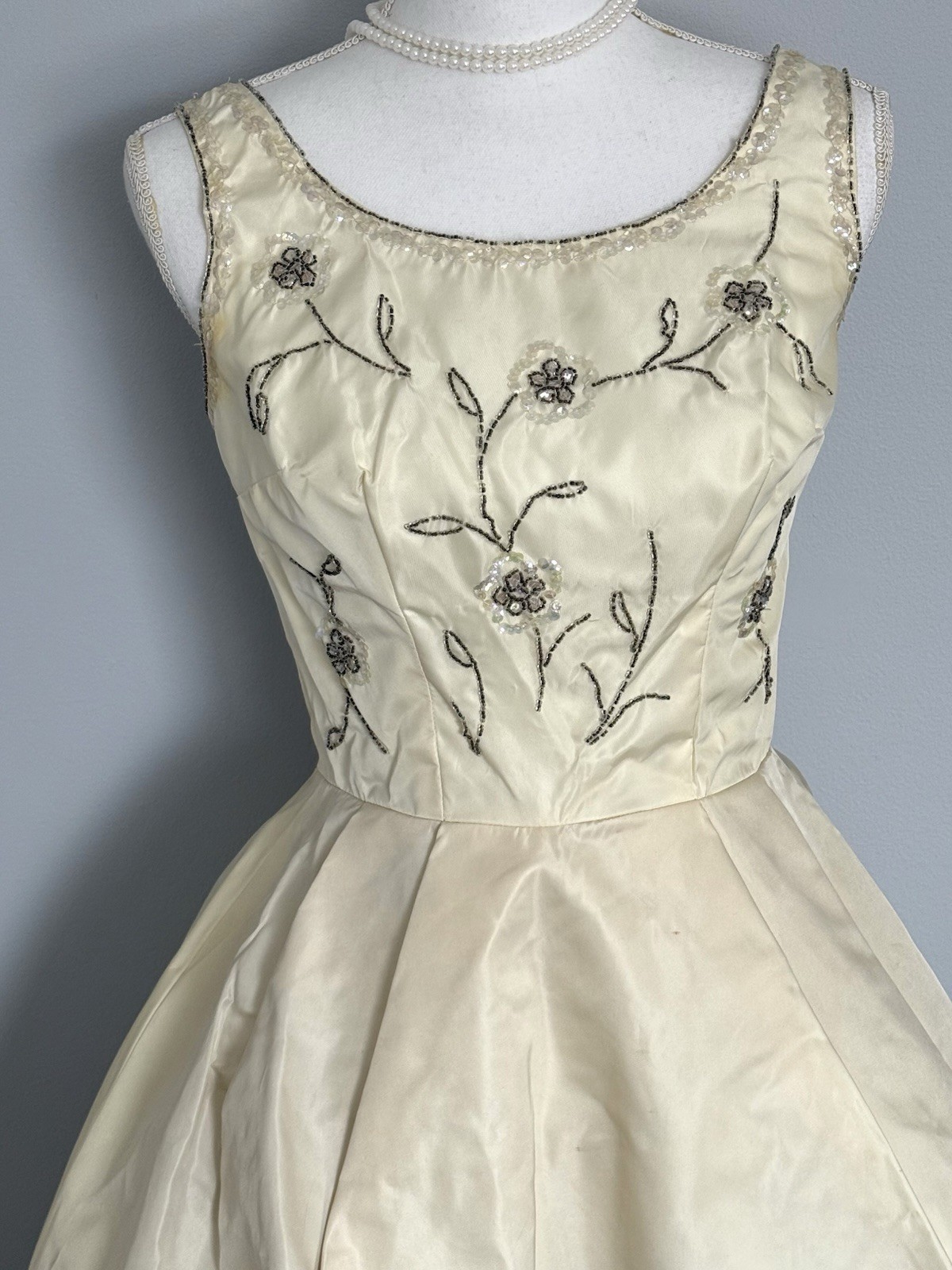 Vintage 1950s Bone Color Fit & Flair Beaded Dress X-SMALL