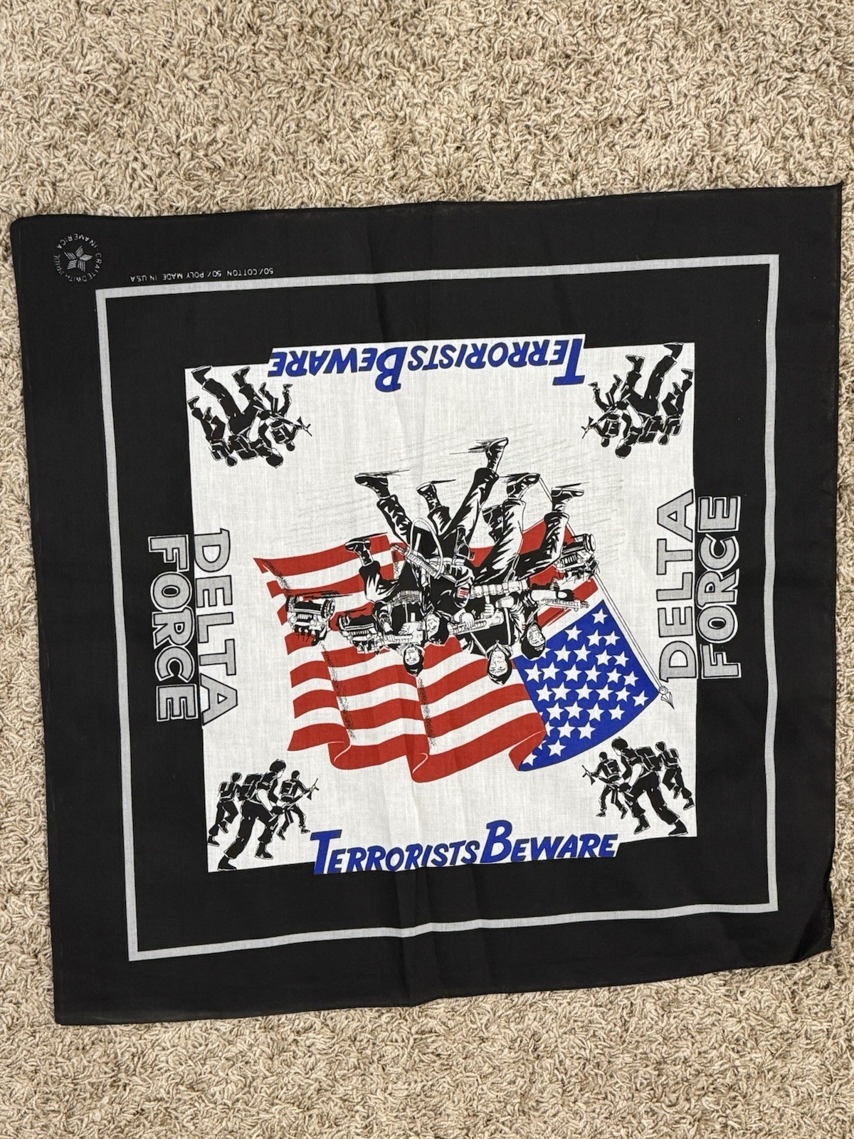 Vintage US Army Delta Force Black Military Bandana Made In USA 90s Rare 22×22