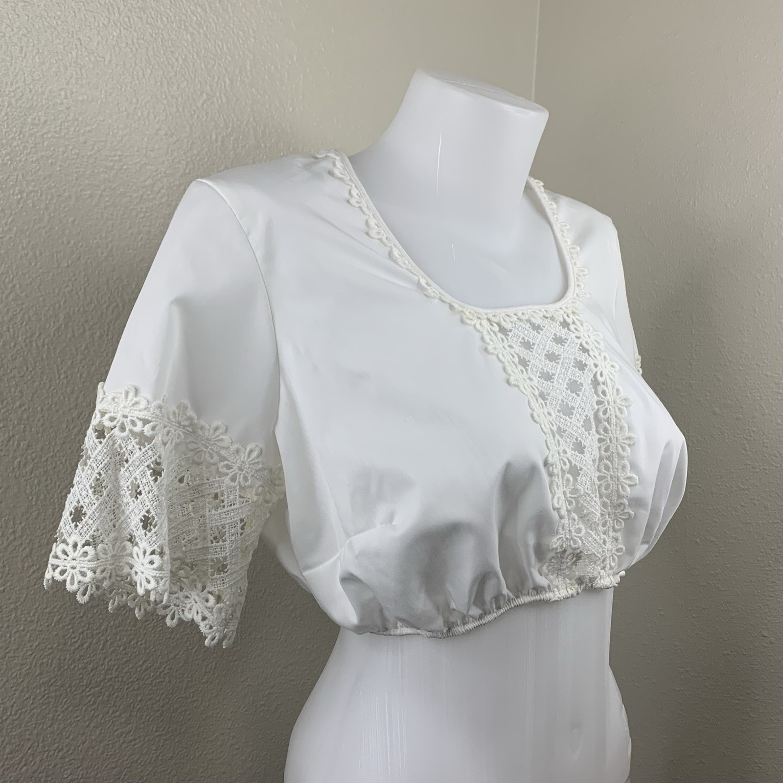Vtg Dirndl Blouse Crop Top White Eyelet Sz 16 Made In USA