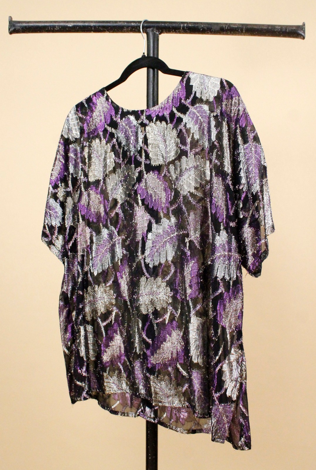 70s 80s Vtg Lurex Metallic Purple Black Silver Disco Blouse Boxy Shirt L XL B44