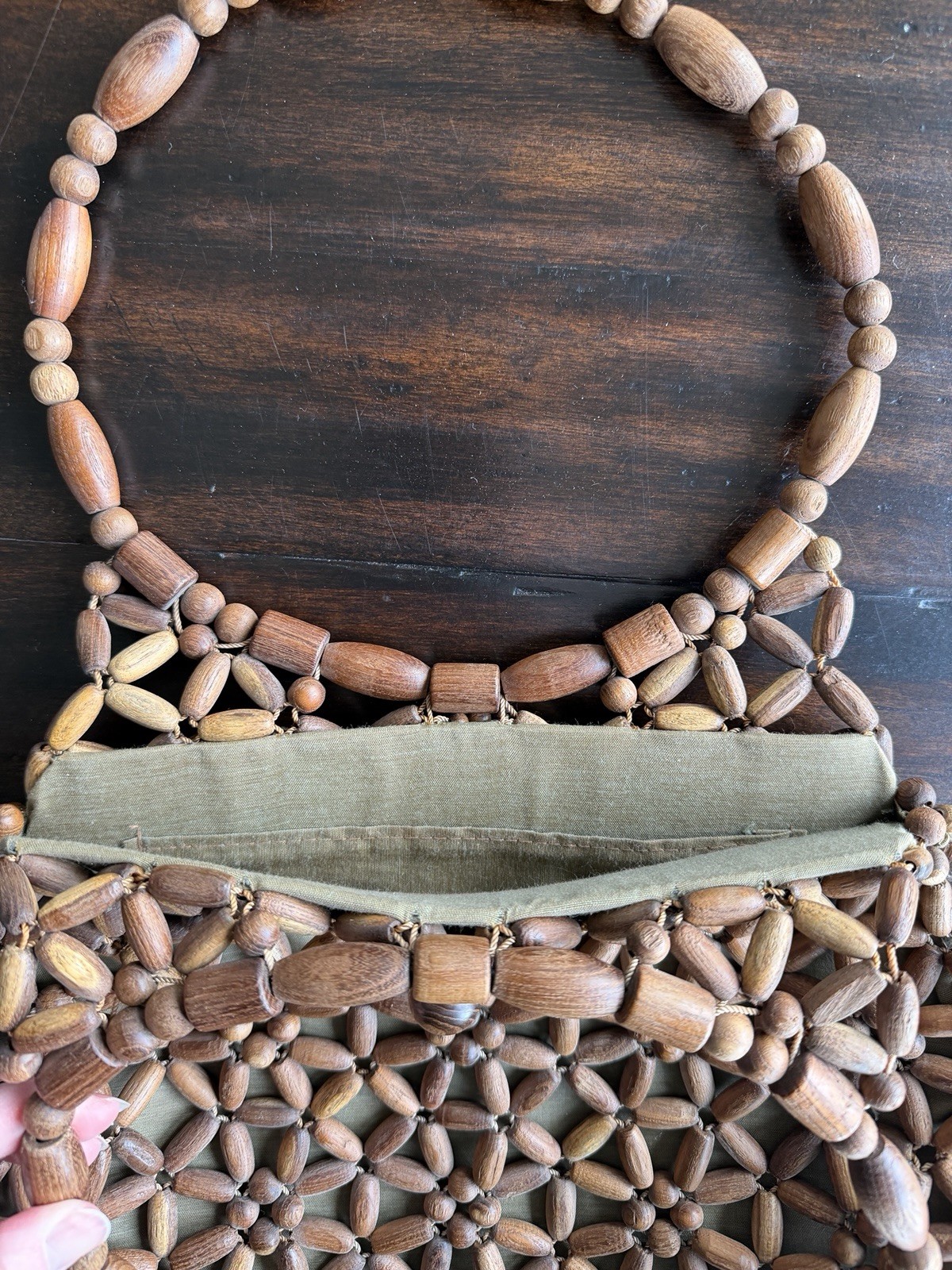 Vintage Wooden Bead Hobo Handbag Retro Boho Beaded Hand Crafted Purse Starburst