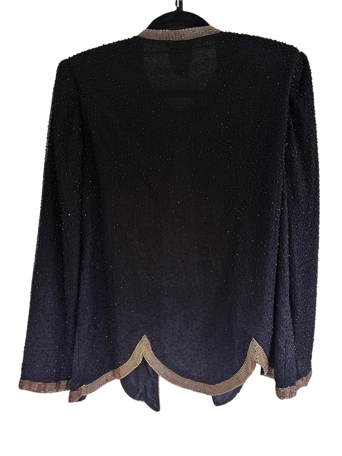 Vintage Leslie Fay Evenings Black Silk Beaded Gold Bow Jacket Size L