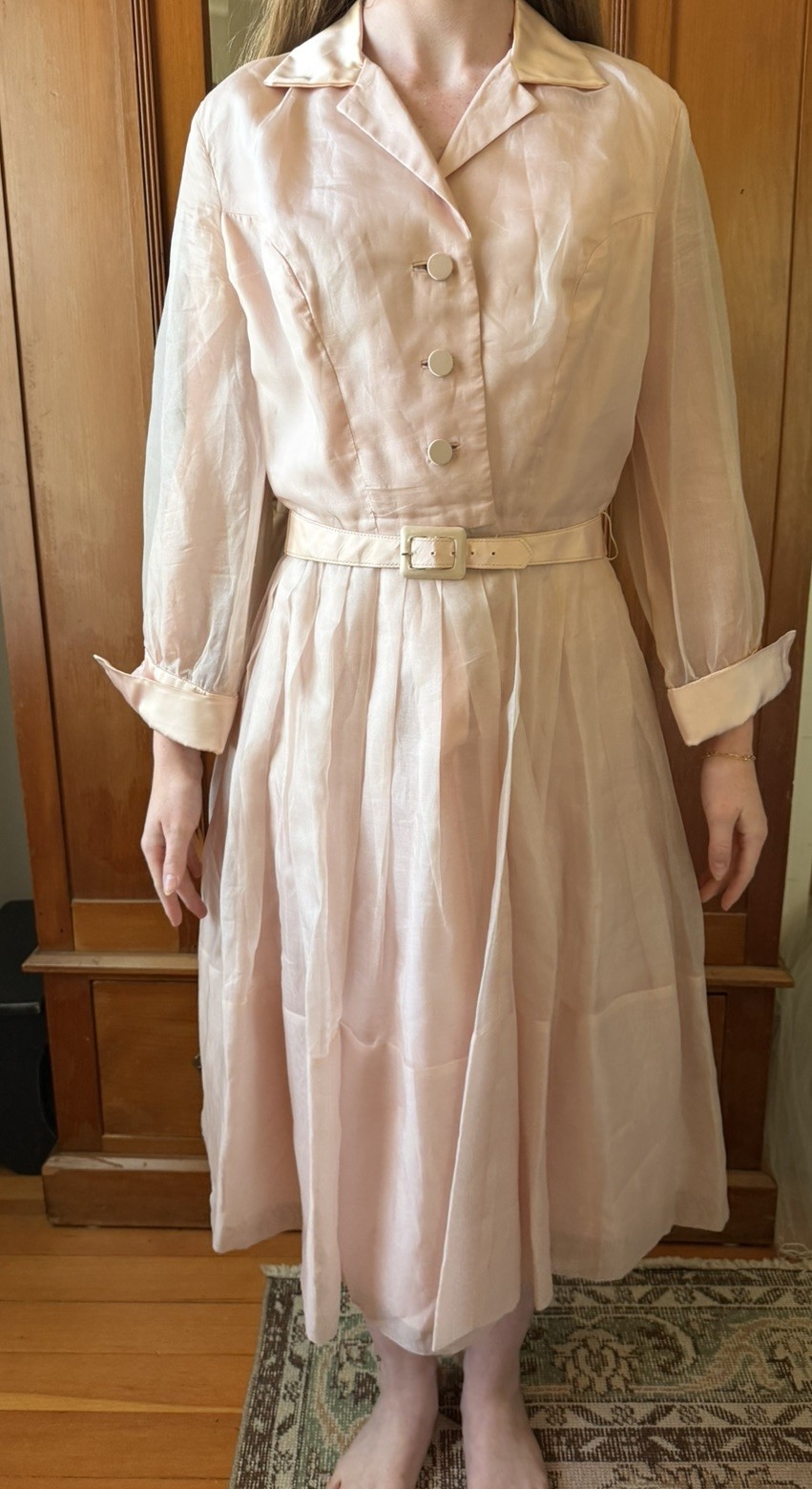 Vintage 1950s Elinor Gay Pink Chiffon Organza Button Up Belted Party Dress