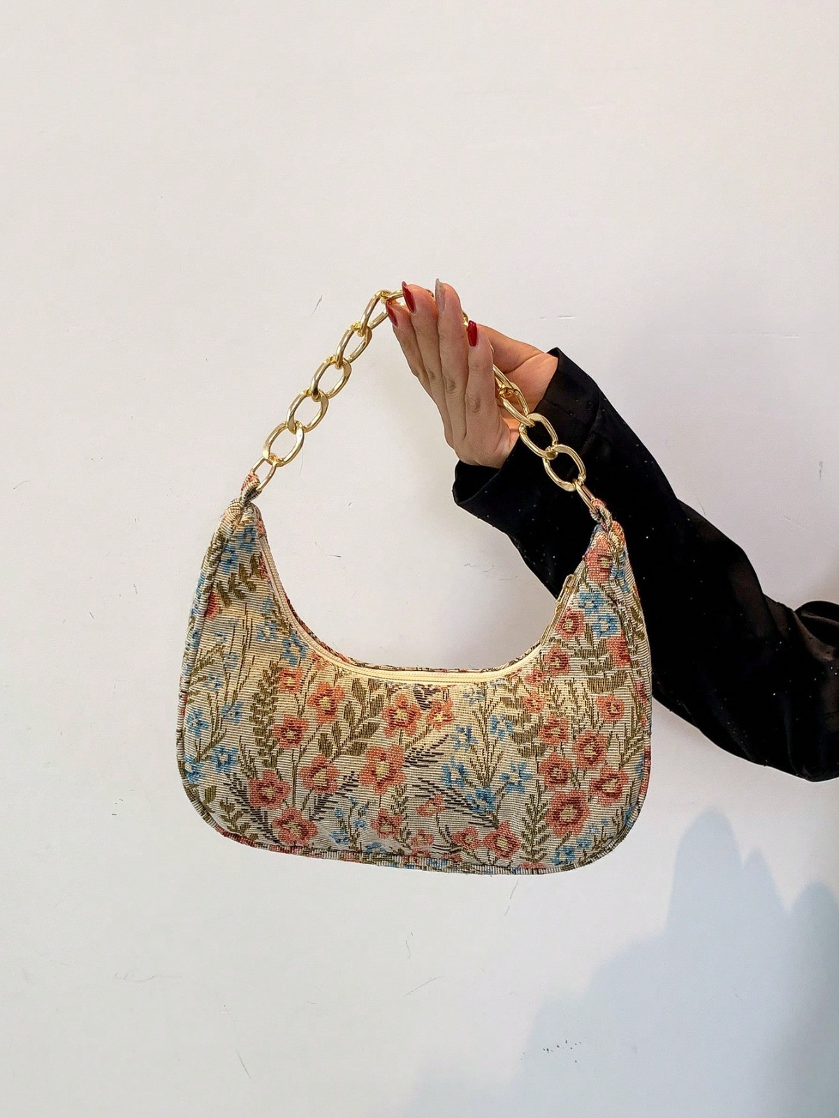 Boho Tapestry Purse Blue Floral Print Gold Chain Shoulder Bag Vintage Look