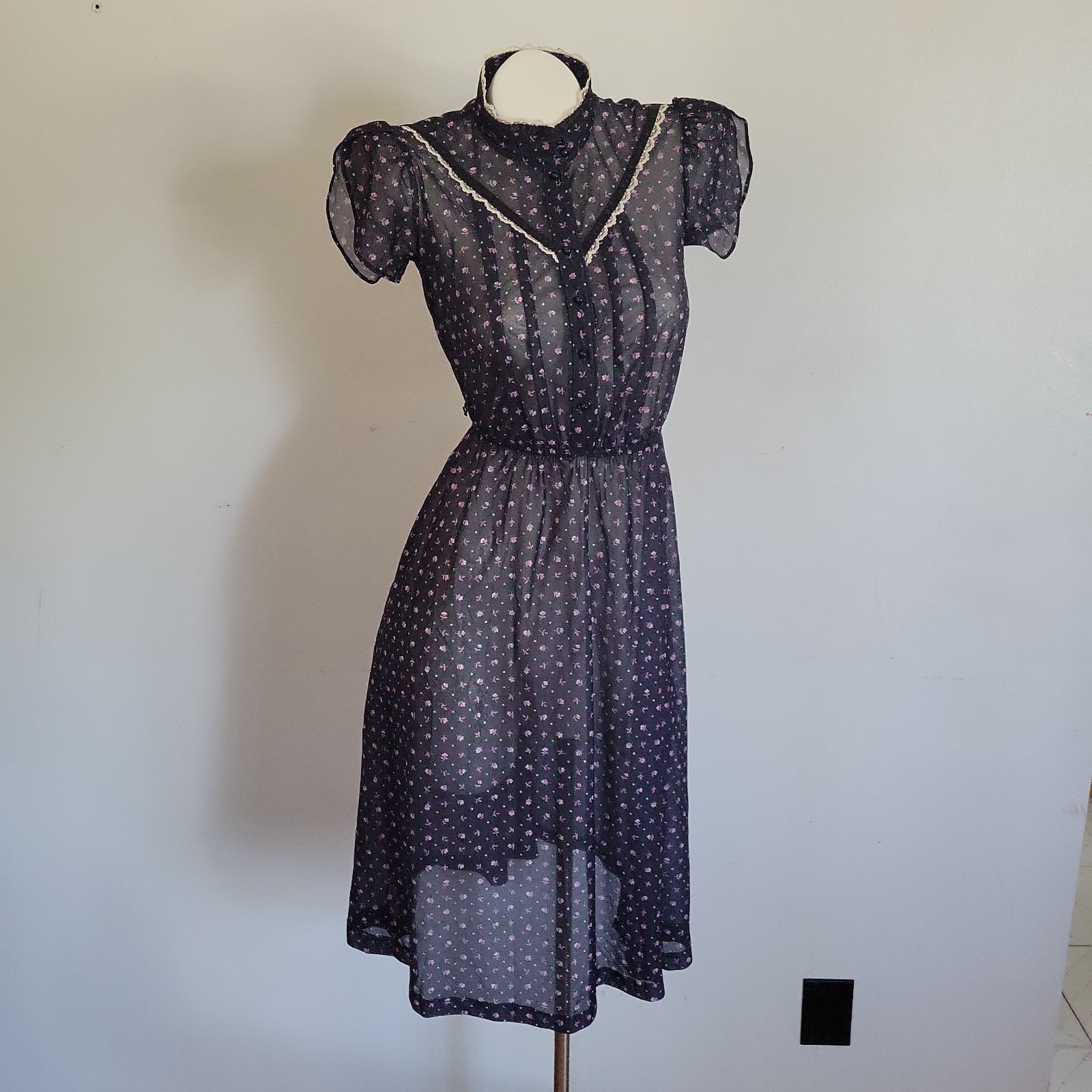 Vintage Midi Prairie Dress Overlay Sheer Ditsy Floral XS/Small Cap Sleeve