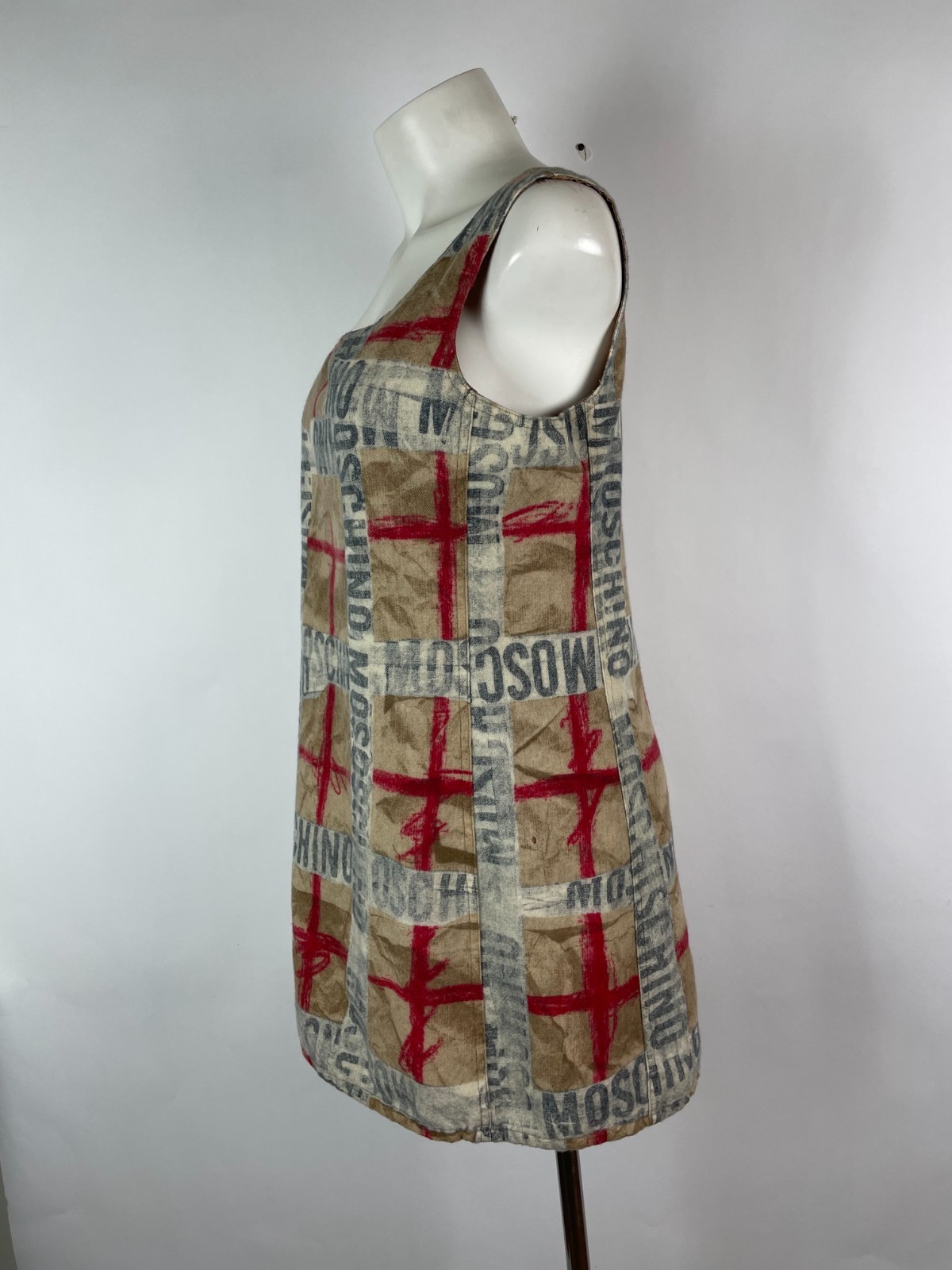 Vintage 90s MOSCHINO Plaid logo lettering mini dress wool 44 Italy DAMAGE