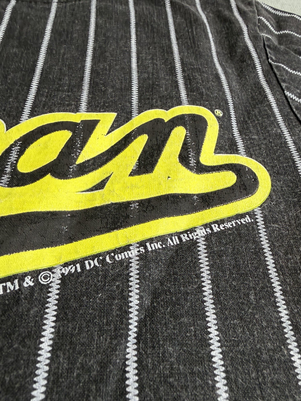 Batman 1991 Vintage Pinstripe RARE Shirt Baseball Style 24x17inches Sz 12Y