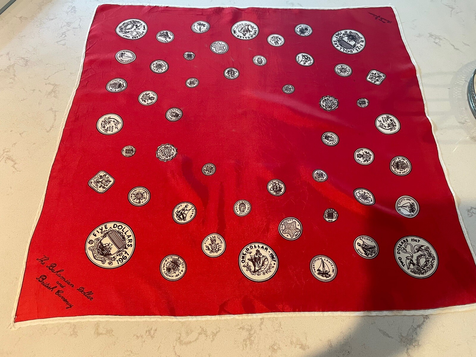 Vtg Scarf Red Thirkell of London 1967 Bahamian Dollar & British Currency Design