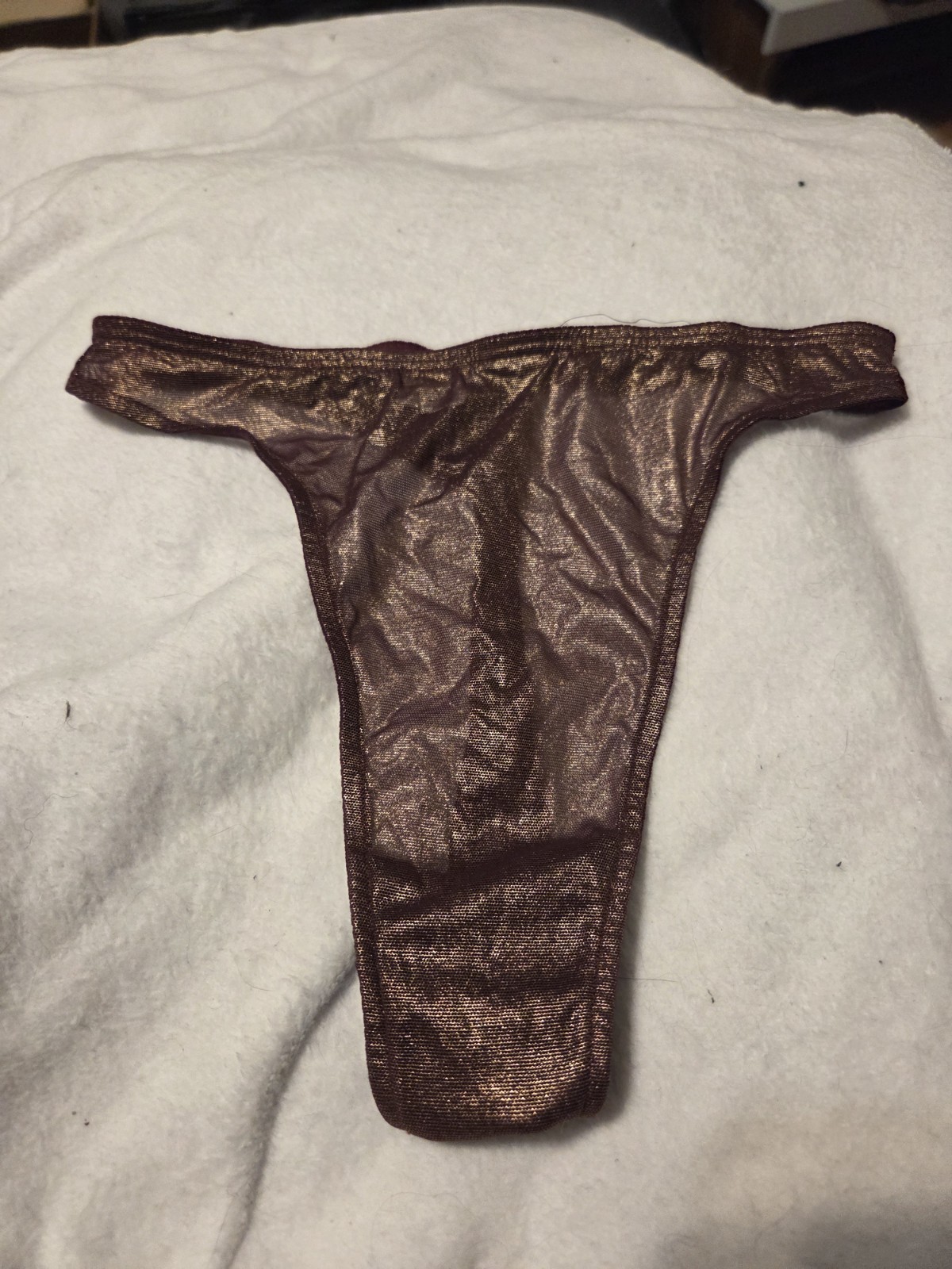 NEW Vintage Shiny Metallic Gold Burgundy Express Hicut String Thong Small 5