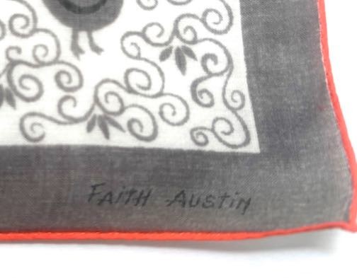 VINTAGE HANKY 1950s LINEN FAITH AUSTIN DESIGNER SIGN MID CENTURY MODERN ROOSTER