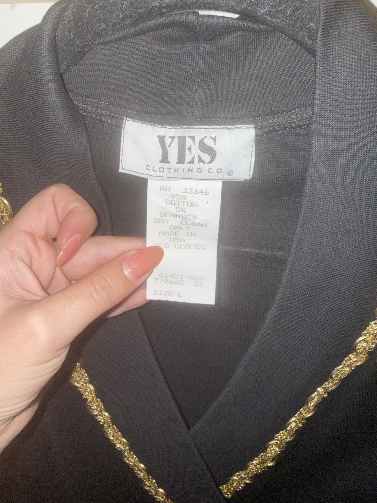 Vintage YES Clothing Co 90s Black Wrap Top Gold Bead Trim Made in USA Size L Y2K