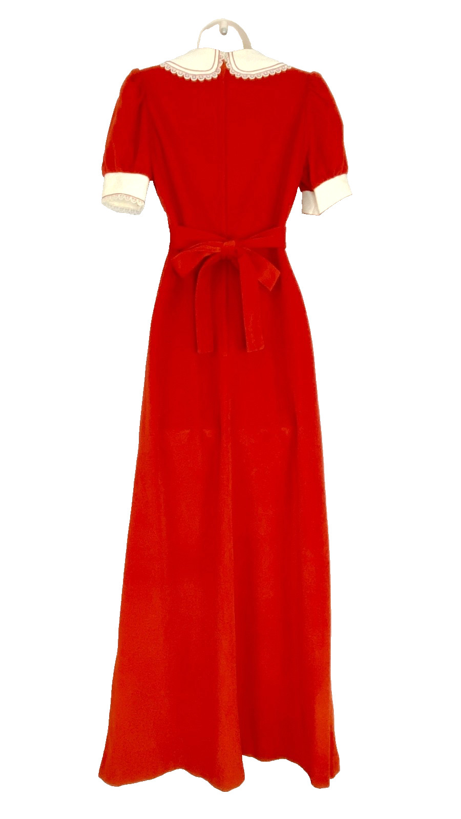 Vintage 1970s red velvet maxi dress XS short puffed sleeves white lace collar