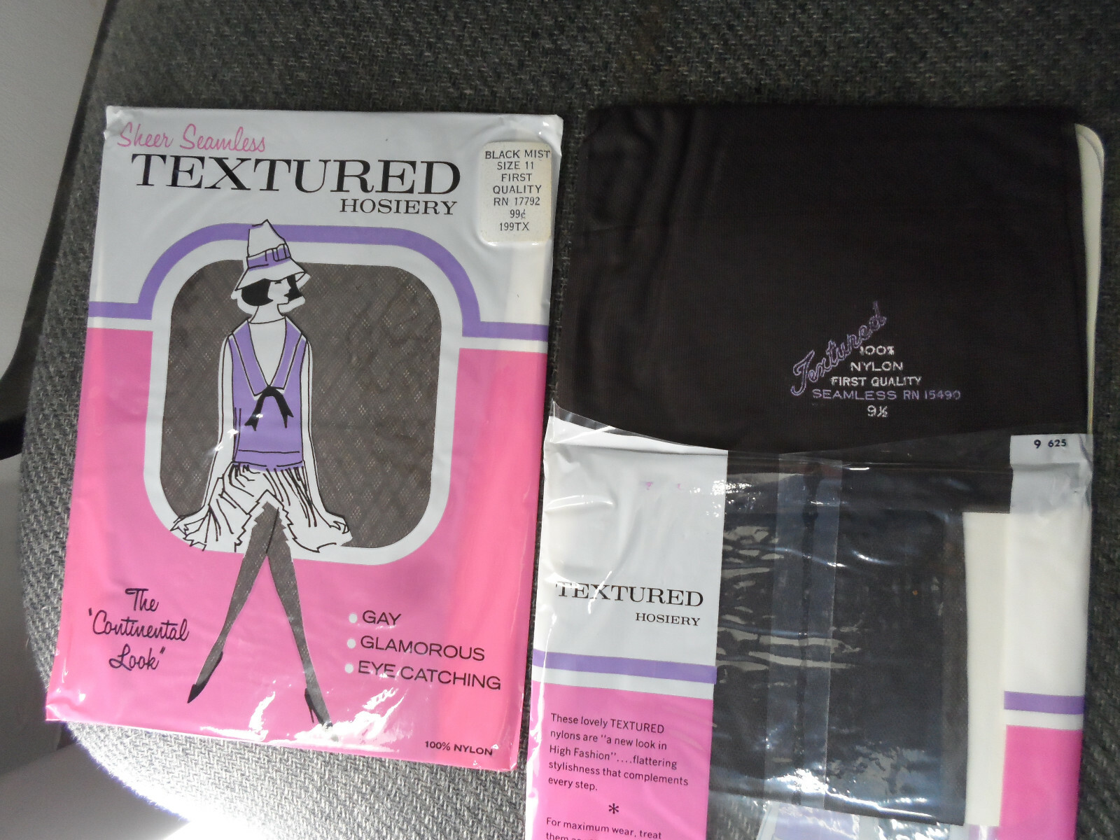 1 PR NOS VINTAGE Black Mist Textured STOCKINGS size 10 1/2 – 30″ Long
