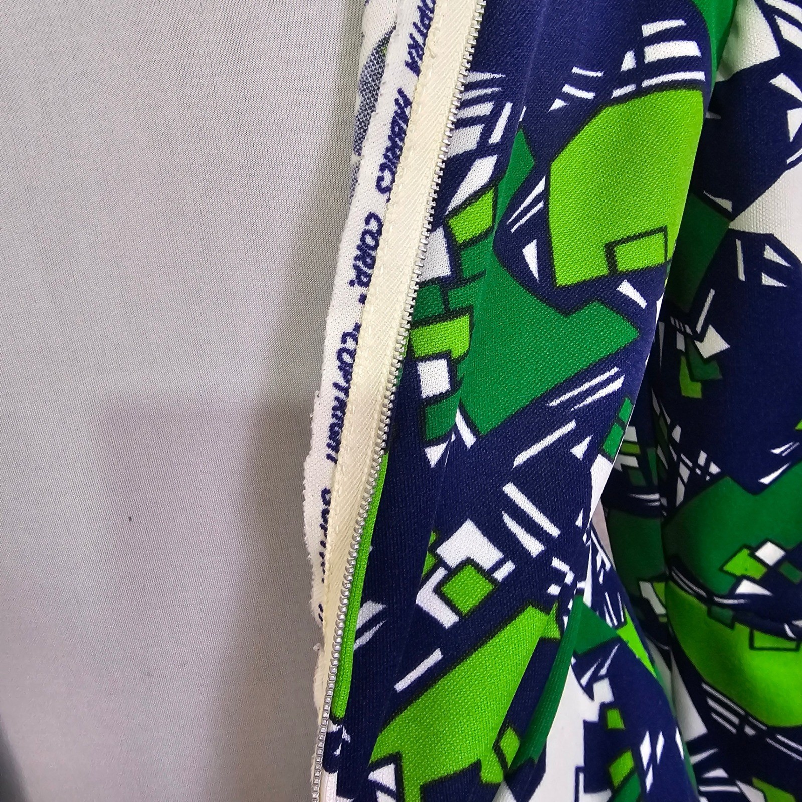 Vintage 60s Mod Geometric Top Green Blue Double Knit Talon Zip Handmade