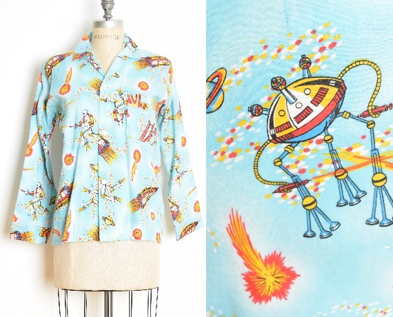 vintage 50s pajama top space age alien UFO atomic print flannel shirt blue M