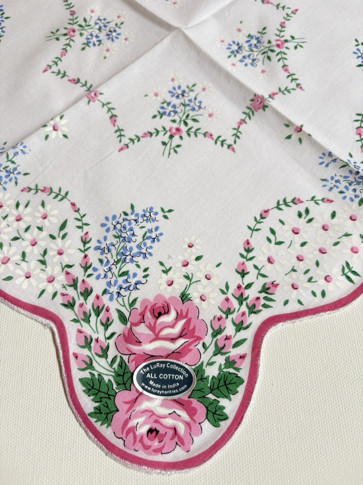 Beautiful New LuRay Pink ROSE Handkerchief Hankie With Scalloped Border