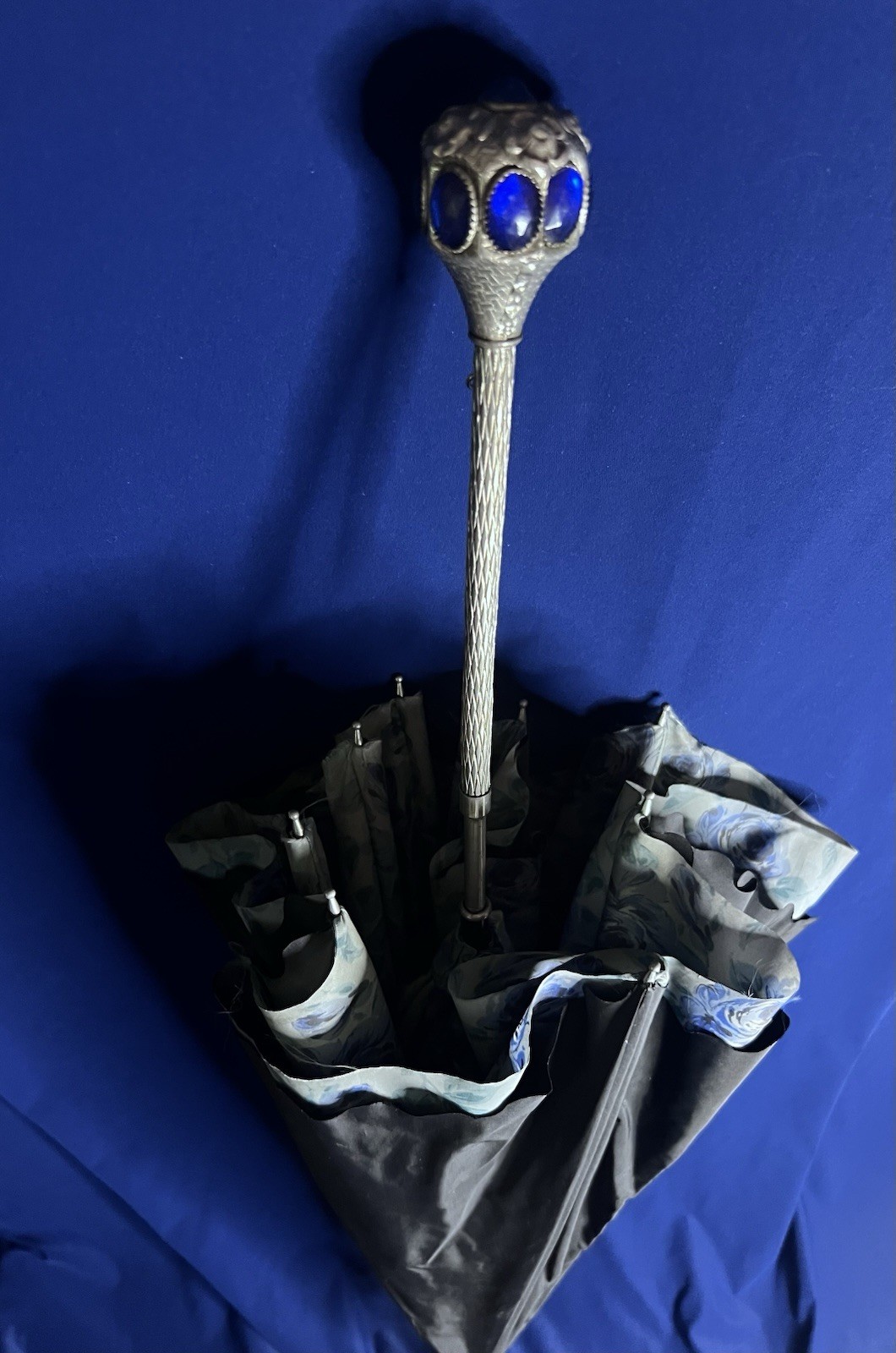Vintage Jeweled Silver Tone Handle Umbrella Blue Rose Lining Victorian Style