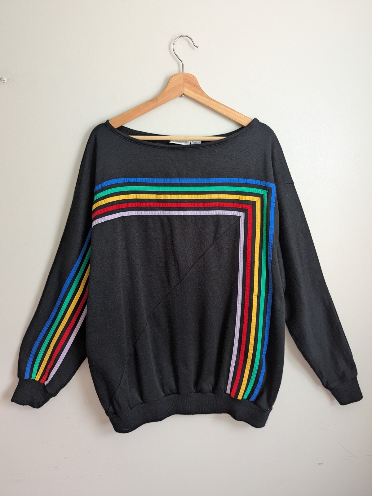True Vintage Rainbow Stripe Sweatshirt 80s Black Top Sz 42 Retro Unisex Sweater