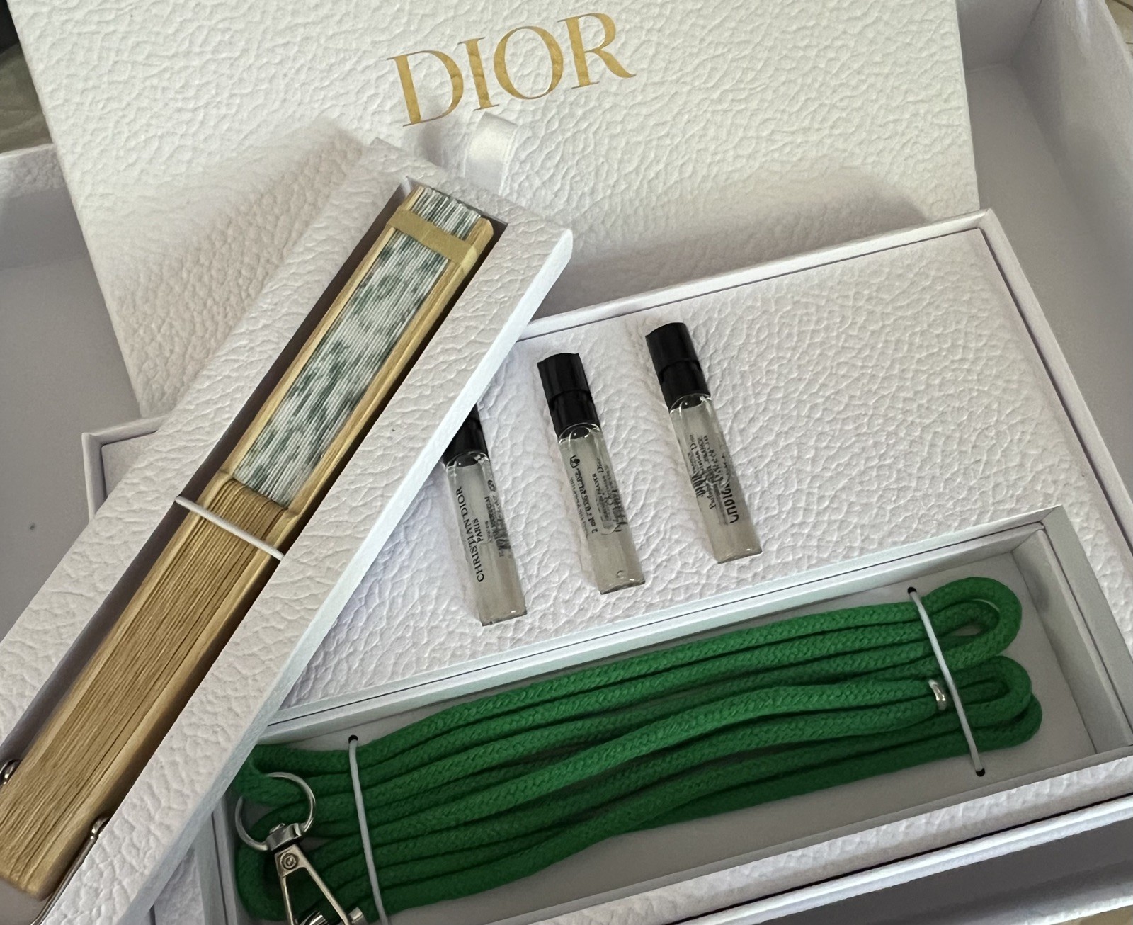 Christian Dior Lily Of The Valley Mini Folding Fan W/ Strap & Fragrance Set -New